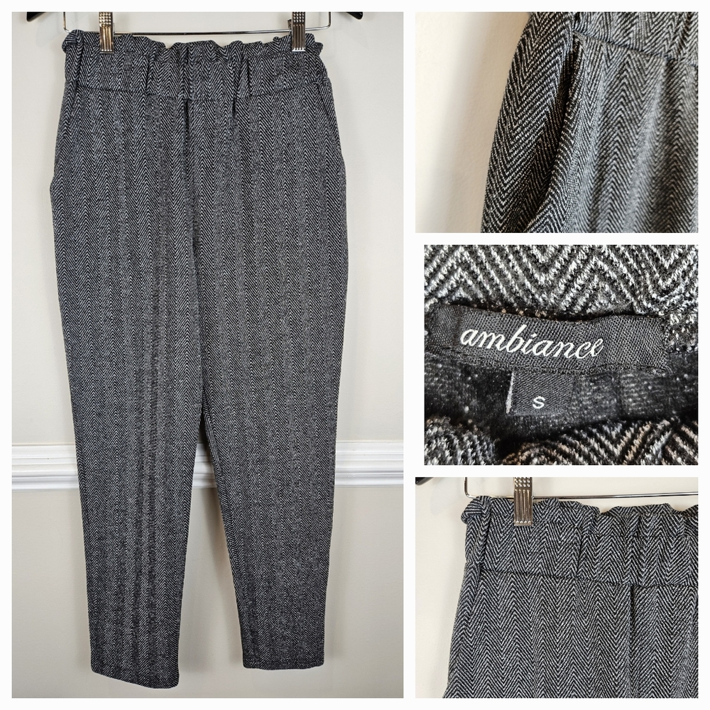 Ambiance Herringbone Black Gray Paper Bag Waist Pants Trousers Sz Small A1414